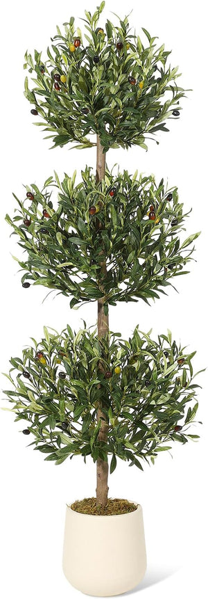 5 ft Artificial Olive Tree Triple Ball Topiary with Moss Pot – Indoor Outdoor Faux Plant