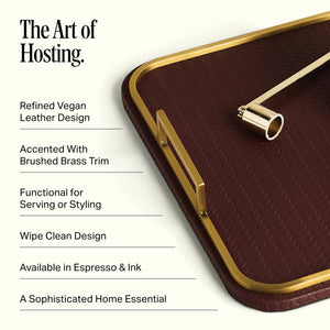 Square Woven Vegan Leather Decorative Tray with Brushed Brass Handles