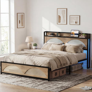 Rattan Queen Bed Frame with LED Lights & Charging Station