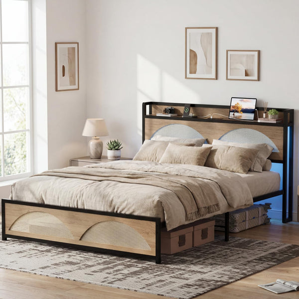 Rattan Queen Bed Frame with LED Lights & Charging Station