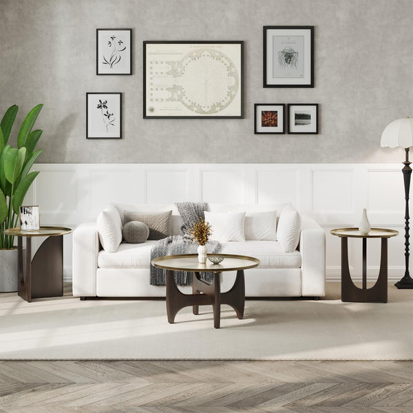 Round Coffee Table with Gold Tray Top & Walnut Base