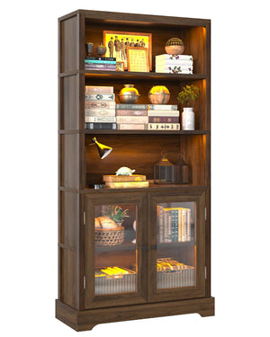 5-Tier Bookshelf with Ambient Lighting and Cabinet Doors