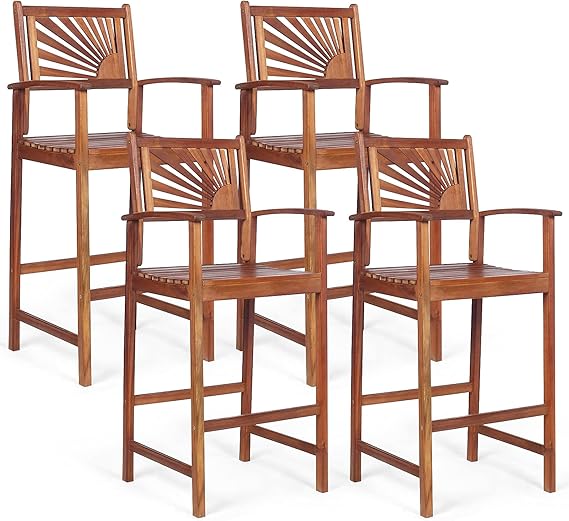 Outdoor Acacia Wood Bar Stools with Sunflower Backrest & Armrests