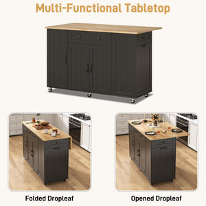 59" Rolling Kitchen Island Table on Wheels with Drop Leaf & Power Outlet