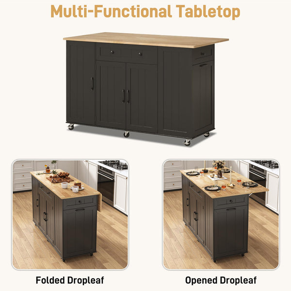 59" Rolling Kitchen Island Table on Wheels with Drop Leaf & Power Outlet