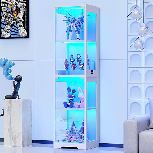Glass Display Cabinet 4-Tier with LED Lights & Motion Sensor