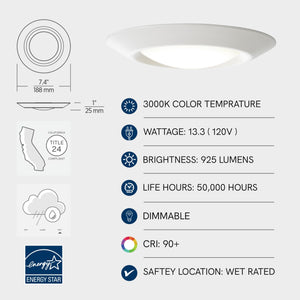 6-Inch Canless LED Recessed Downlight – 3000K, 925 Lumens, 90 CRI, Dimmable, Wet Rated
