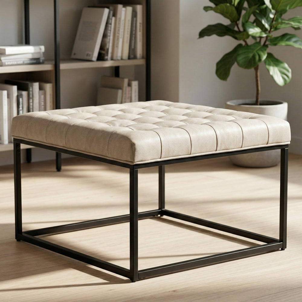 Square Tufted Ottoman with Metal Base