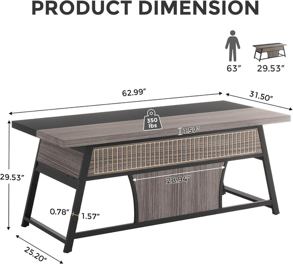 63-Inch Double Desk with LED Light & Storage Shelf