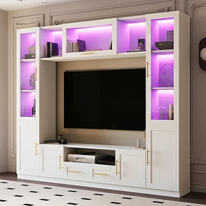 4-Piece Wall Unit TV Stand with LED Lights, Entertainment Center with Bookshelves & Bridge, Black