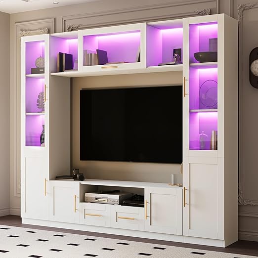 4-Piece Wall Unit TV Stand with LED Lights, Entertainment Center with Bookshelves & Bridge, Black