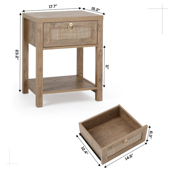 Rattan Farmhouse Nightstand Set of 2 with Drawer and Open Shelf