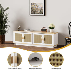 PROXRACER Rattan TV Stand for 65 Inch TV, Boho Media Console with 4 Woven Cane Doors, Modern Farmhouse Entertainment Center, Low Profile TV Cabinet with Storage for Living Room, White & Light Wood