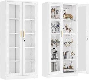 Metal Glass Display Cabinet with Lockable Doors & Adjustable Shelves