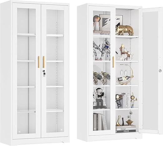 Metal Glass Display Cabinet with Lockable Doors & Adjustable Shelves