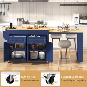 80"-48" Extendable Kitchen Island with Extended Dining Table and Power Outlet,Large Mobile Kitchen Storage Islands with 2 Storage Drawers,Rolling Islands Cart with 3 Extra Rows Open Shelves(Blue)