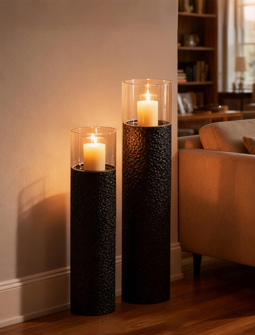 Tall Floor Candle Holders Set of 2 – Black Metal Hurricane Pillar Stands