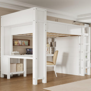 Queen Loft Bed with Desk, Wardrobe & Charging Station – White Wood