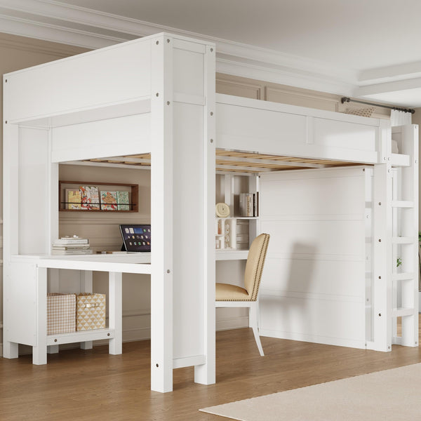 Queen Loft Bed with Desk, Wardrobe & Charging Station – White Wood