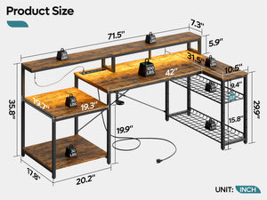 L-Shaped Corner Desk with Power Outlets, LED Strip & Monitor Stand