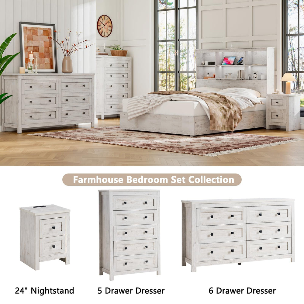 4-Piece Farmhouse Bedroom Dresser Set with Nightstands – Rustic White