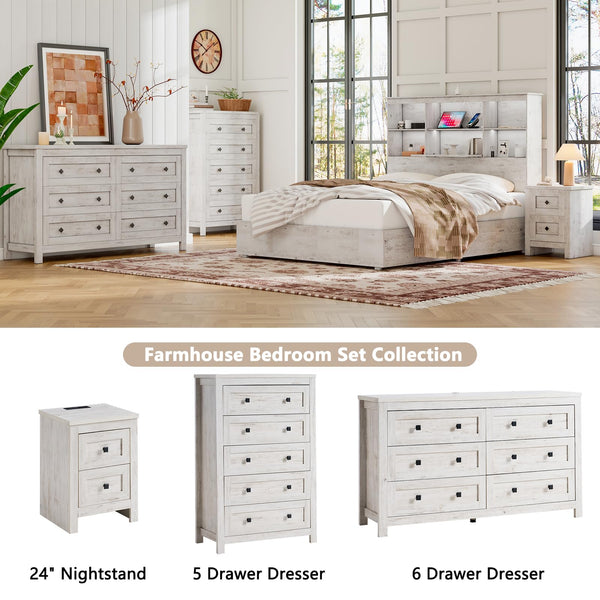 4-Piece Farmhouse Bedroom Dresser Set with Nightstands – Rustic White