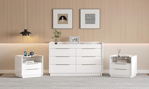 AMERLIFE 4 Piece Bedroom Furniture Set, 2 Nightstands with Charging Station, 8 Drawer Dresser with LED Light & 5 Drawer Chest, Modern High Gloss UV Finish, Bedroom Storage Organizer, Cream & Grey