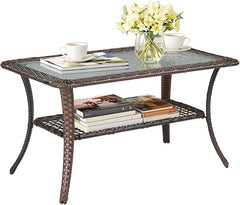 Outdoor Wicker Coffee Table with Storage & Tempered Glass Top
