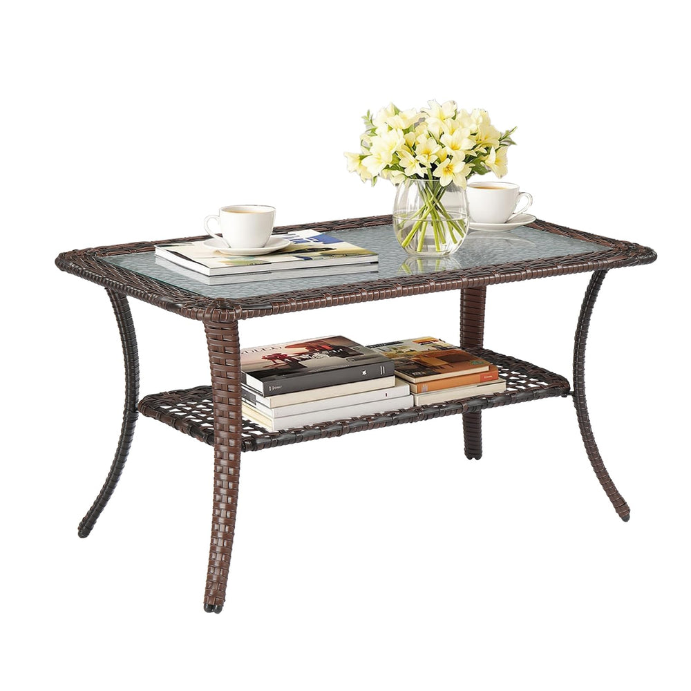 Outdoor Wicker Coffee Table with Storage & Tempered Glass Top