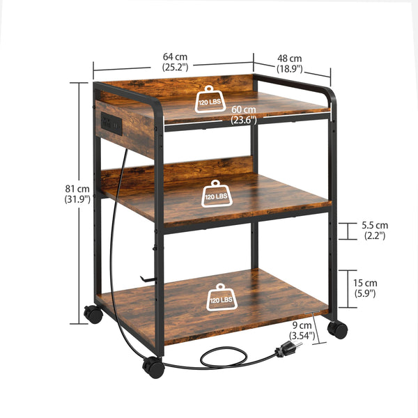 3-Tier Printer Stand with Wheels, Power Outlet & USB Port