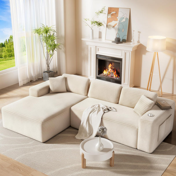 L-Shaped Sectional Sofa with Deep Seat & Storage Pockets