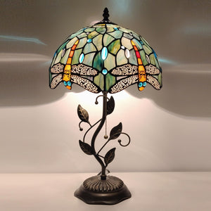 Tiffany Stained Glass Table Lamp with Metal Leaf Base
