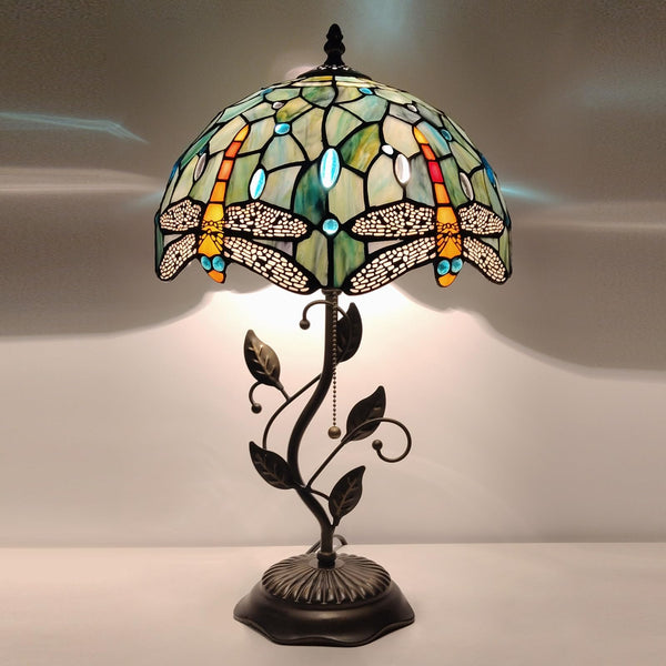 Tiffany Stained Glass Table Lamp with Metal Leaf Base