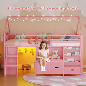 Kids Low Loft Bed Twin with Bookshelf & Reading Nook