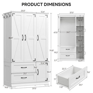 Farmhouse Wardrobe Closet with 4 Doors & 2 Drawers – 71" H