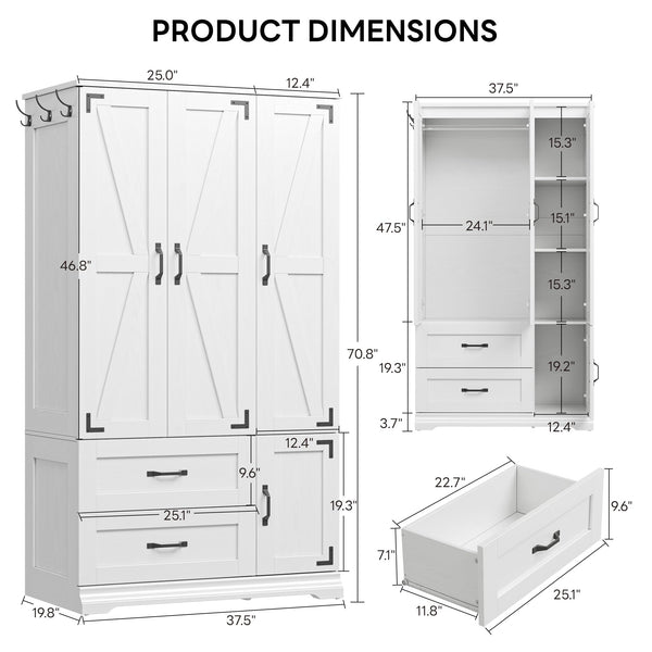 Farmhouse Wardrobe Closet with 4 Doors & 2 Drawers – 71" H