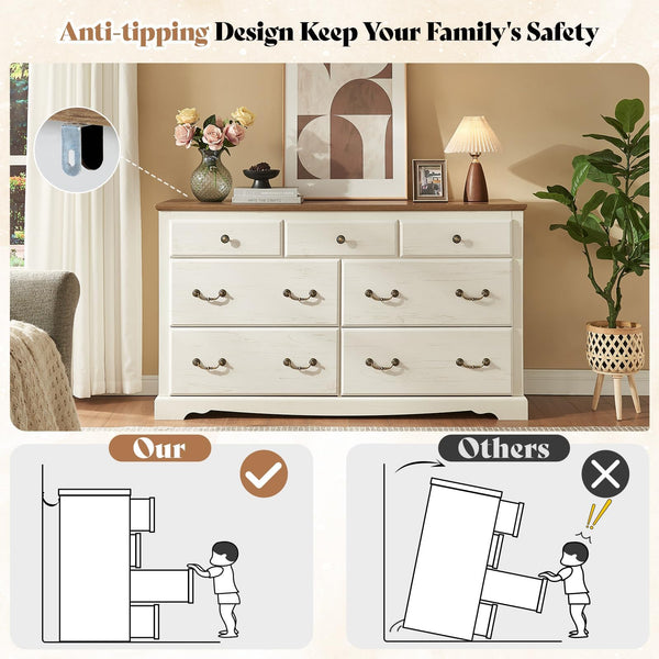 Farmhouse 3-Piece Bedroom Set – 7-Drawer Dresser & 2 Nightstands with Charging Station