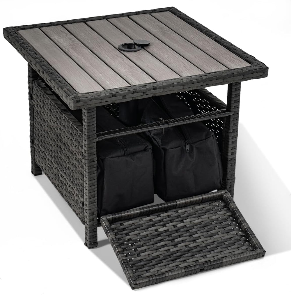 Wicker Patio Side Table with Umbrella Hole and Weight Bags