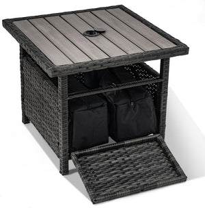 Wicker Patio Side Table with Umbrella Hole and Weight Bags