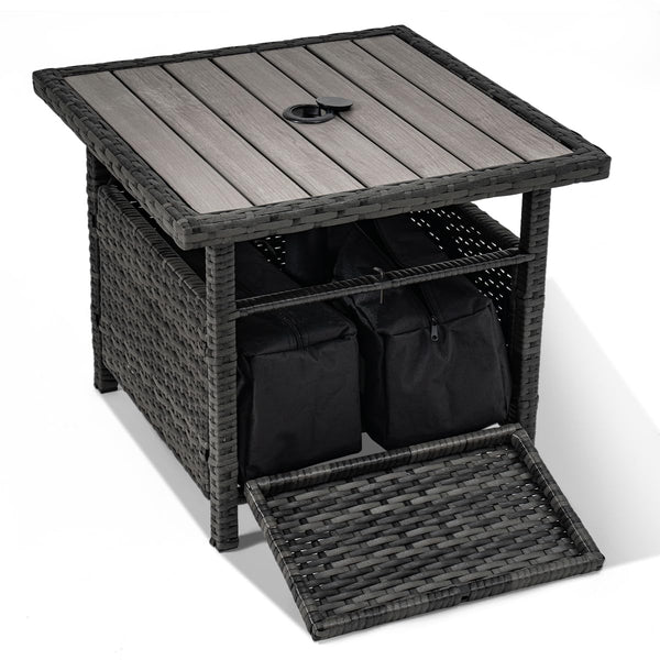 Wicker Patio Side Table with Umbrella Hole and Weight Bags