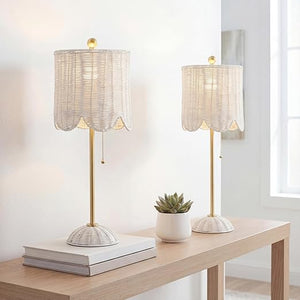 Coastal Rattan Table Lamp Set of 2 with Brass Gold Base
