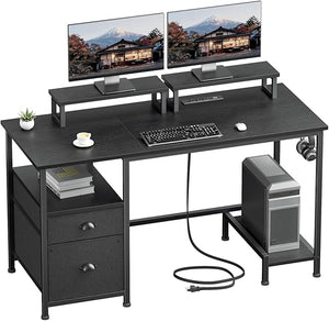 47" Computer Desk with File Cabinet, Power Outlets & Monitor Stands