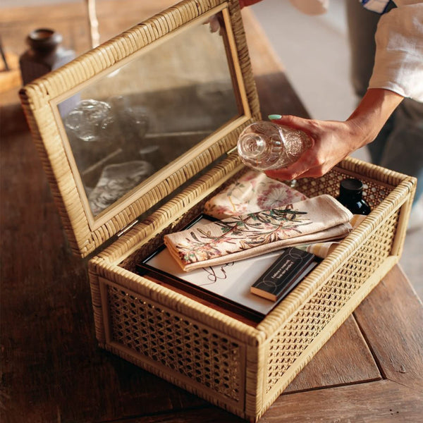 Boho Rattan Display Boxes with Glass Lids Set of 2