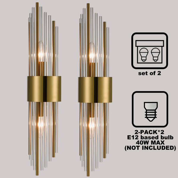 2-Light Modern Gold Wall Sconce with Clear Glass Crystal