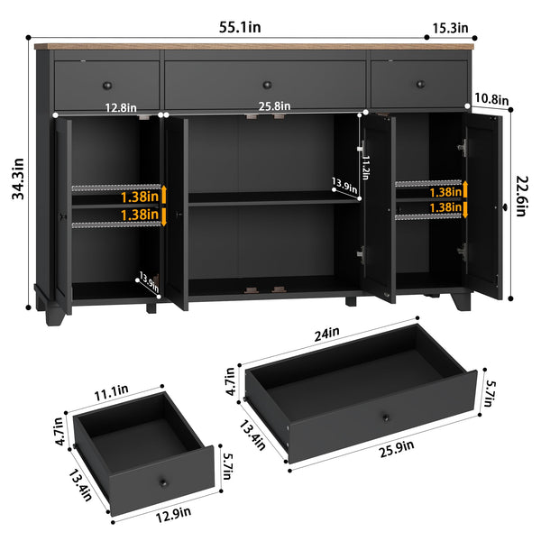 55" Kitchen Buffet Cabinet with Storage Drawers & Shelves