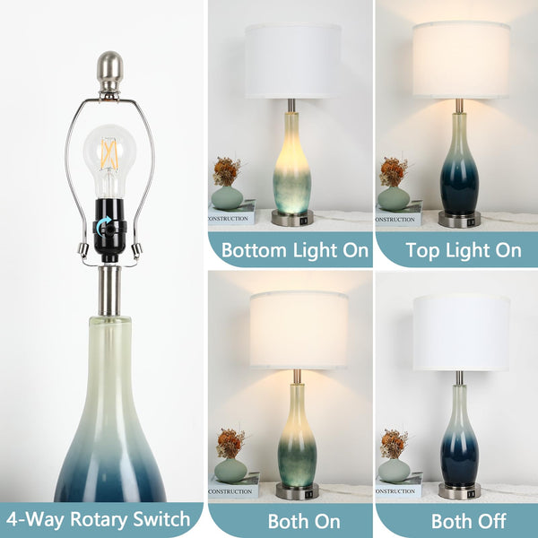 26in Tall Glass Table Lamps Set of 2 with USB Ports & LED Nightlight