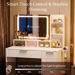 Fluted Makeup Vanity Desk with LED Mirror & Power Strip