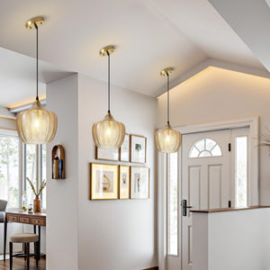 Amber Glass Pendant Light – Adjustable Gold Farmhouse Ceiling Fixture