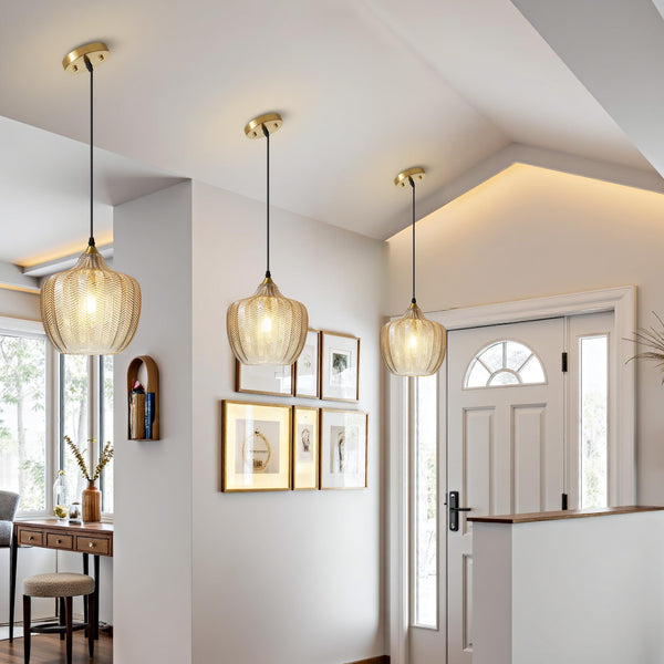 Amber Glass Pendant Light – Adjustable Gold Farmhouse Ceiling Fixture
