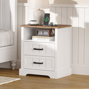 Farmhouse Nightstand Set of 2 with Charging Station & 2 Drawers